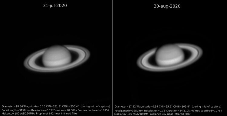 Mooi is het verschil in schaduw van de planeet op de ringen te zien. En dat al na een maand.Saturn-j
