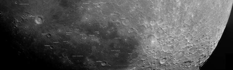 27 september 2020, 19x 2000 opname, 19 x 200 stack. Annotaties voor de bekendere kraters, zeeen en l