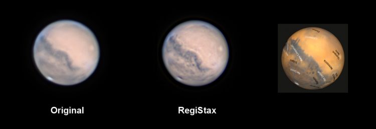 De “Registax-Mars” laat veel beter de werkelijke details zien. Ik heb de Mars Mapper wee