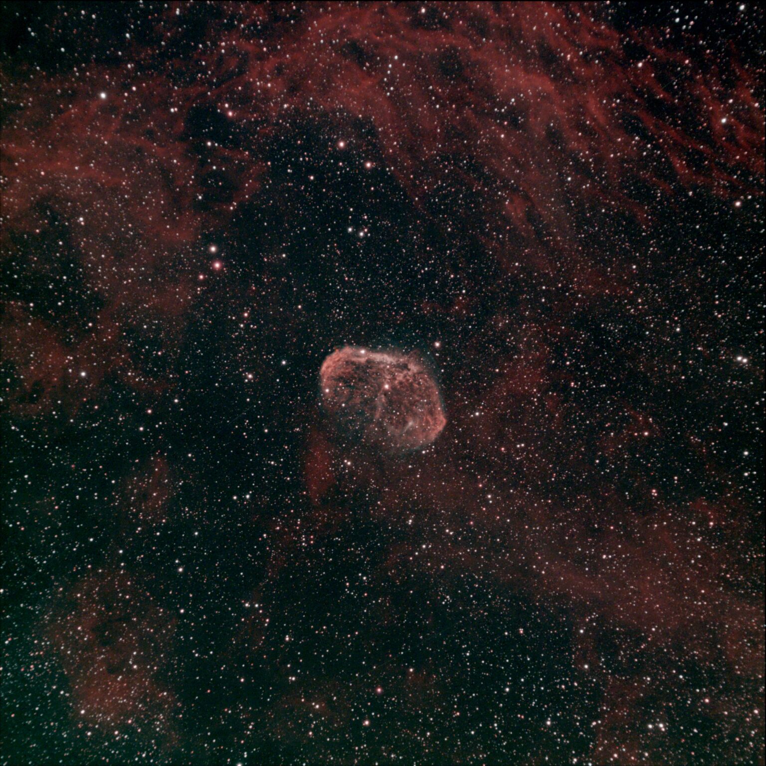 NGC6888 De Crescent nevel is een zwakke, diffuse nevel in het sterrenbeeld Zwaan. Een prachtig sterr