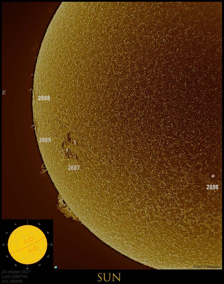 Hier de versie met annotaties. Zichtbaar de groep 2887 waar op 28 okt een X-1 flare ontstond. Mogeli