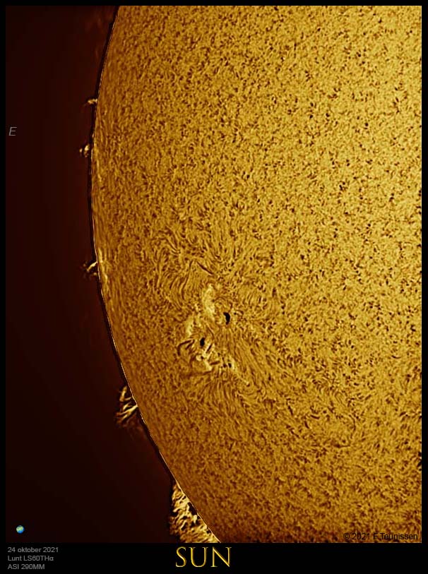Zon in Hα, 24 oktober 2021 Tweede poging: TechTalk: Telescoop : Lunt LS60THα (B600) Camera : ASI29