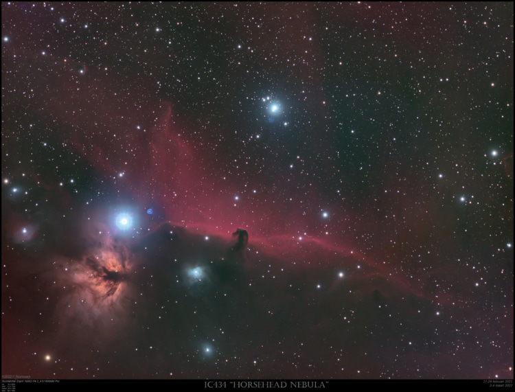 Paardenkop-nevel (IC434) in HαRGB 27-28 februari en 2-4 maart 2022 Opnieuw de Paardenkop-nevel waar