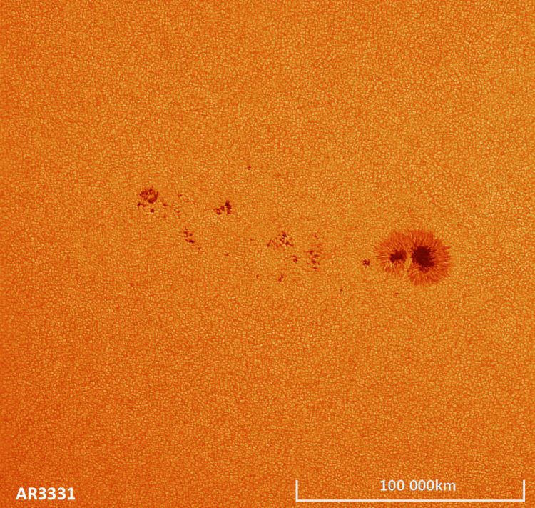 Deze opname van AR3331 is gemaakt op 12 juni 2023 om 09:09 UT. De seeing was met een gemiddelde van
